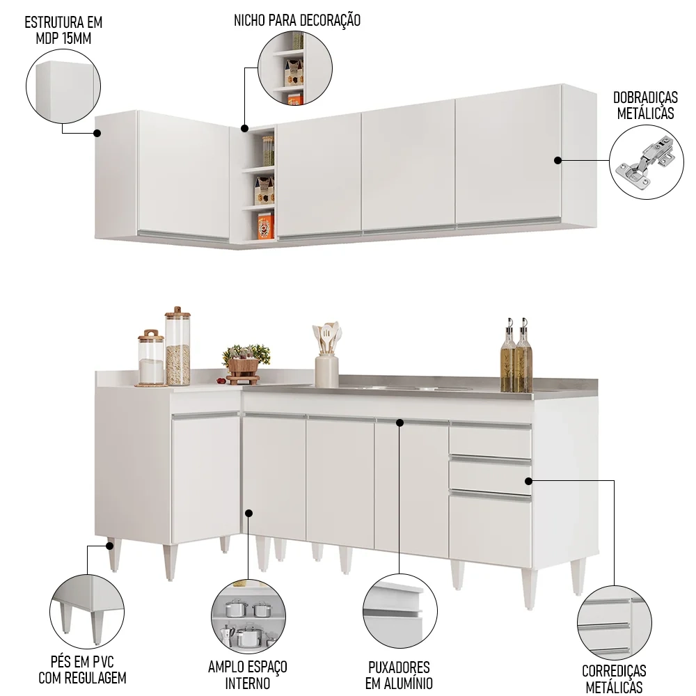Armário de Cozinha Modulado de Canto Direito 4 Peças CP42 com Pia Inox Branco - Lumil