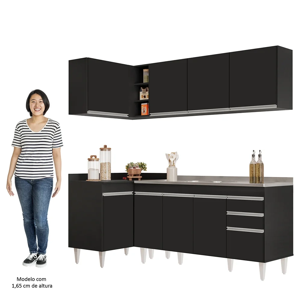 Armário de Cozinha Modulado de Canto Direito 4 Peças CP42 com Pia Inox Preto - Lumil