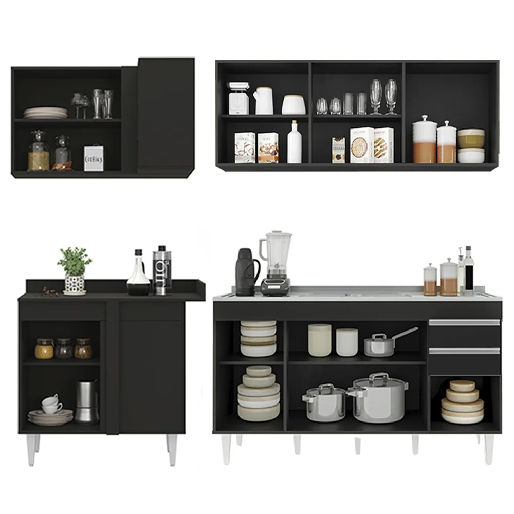 Armário de Cozinha Modulado de Canto Direito 4 Peças CP42 com Pia Inox Preto - Lumil