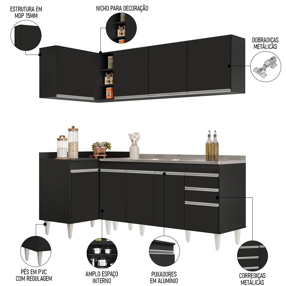 Armário de Cozinha Modulado de Canto Direito 4 Peças CP42 com Pia Inox Preto - Lumil