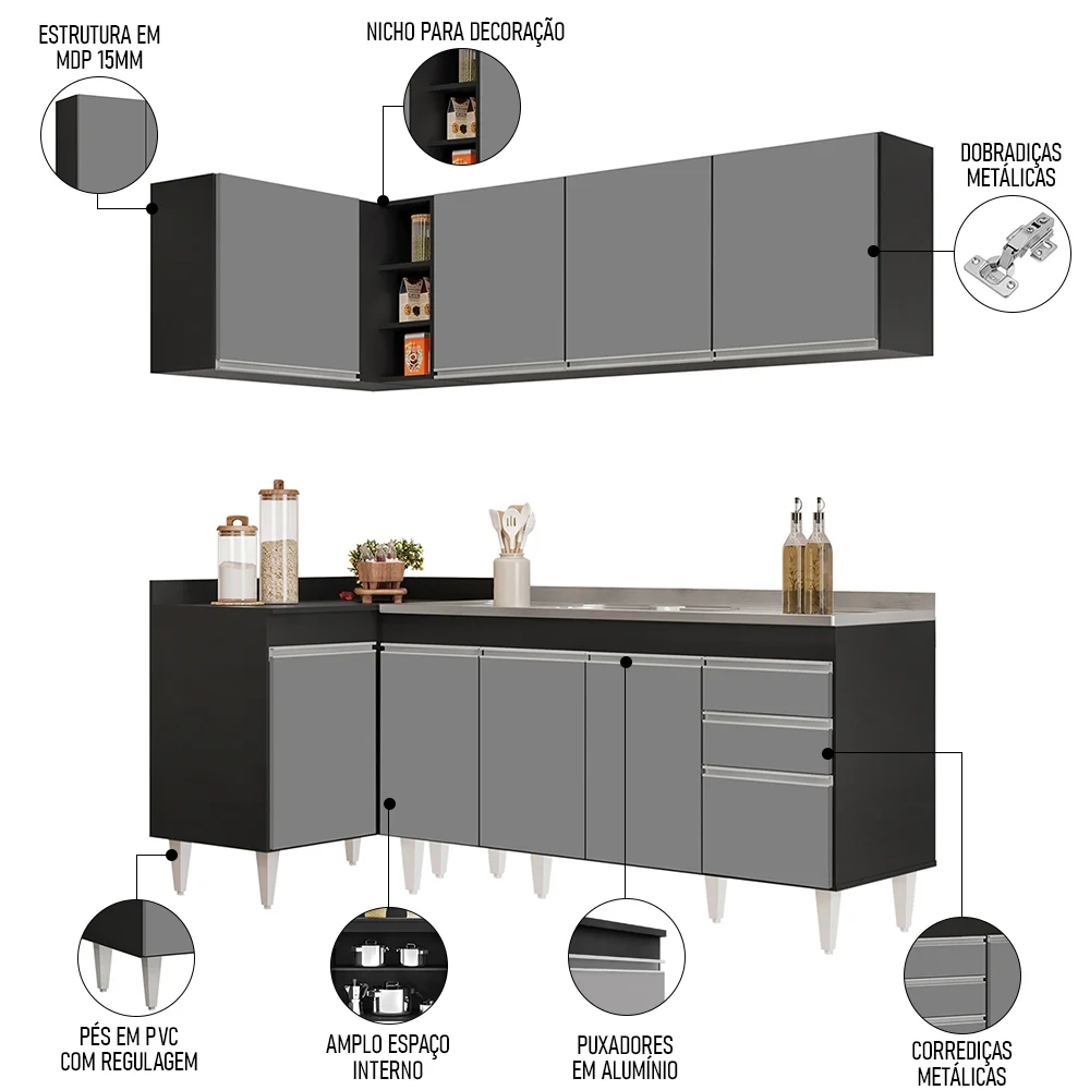 Armário de Cozinha Modulado de Canto Direito 4 Peças CP42 com Pia Inox Preto/Cinza - Lumil