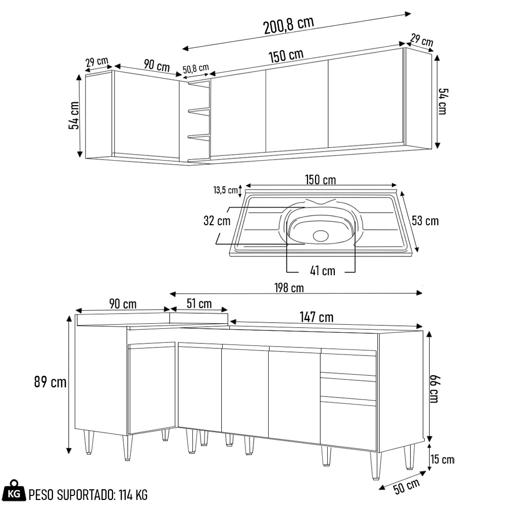 Armário de Cozinha Modulado de Canto Direito 4 Peças CP42 com Pia Inox Preto/Cinza - Lumil