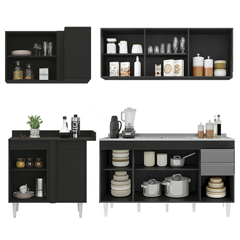 Armário de Cozinha Modulado de Canto Direito 4 Peças CP42 com Pia Inox Preto/Cinza - Lumil