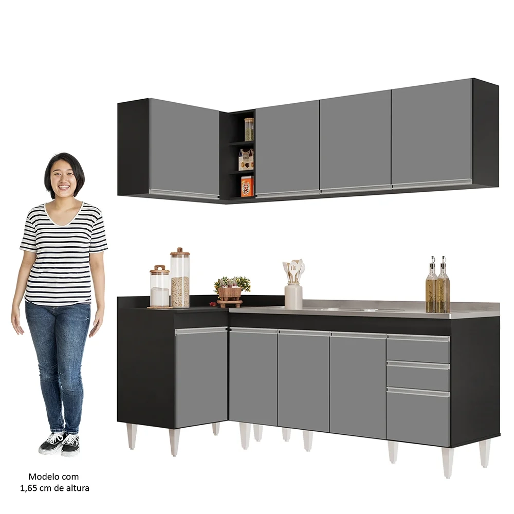 Armário de Cozinha Modulado de Canto Direito 4 Peças CP42 com Pia Inox Preto/Cinza - Lumil