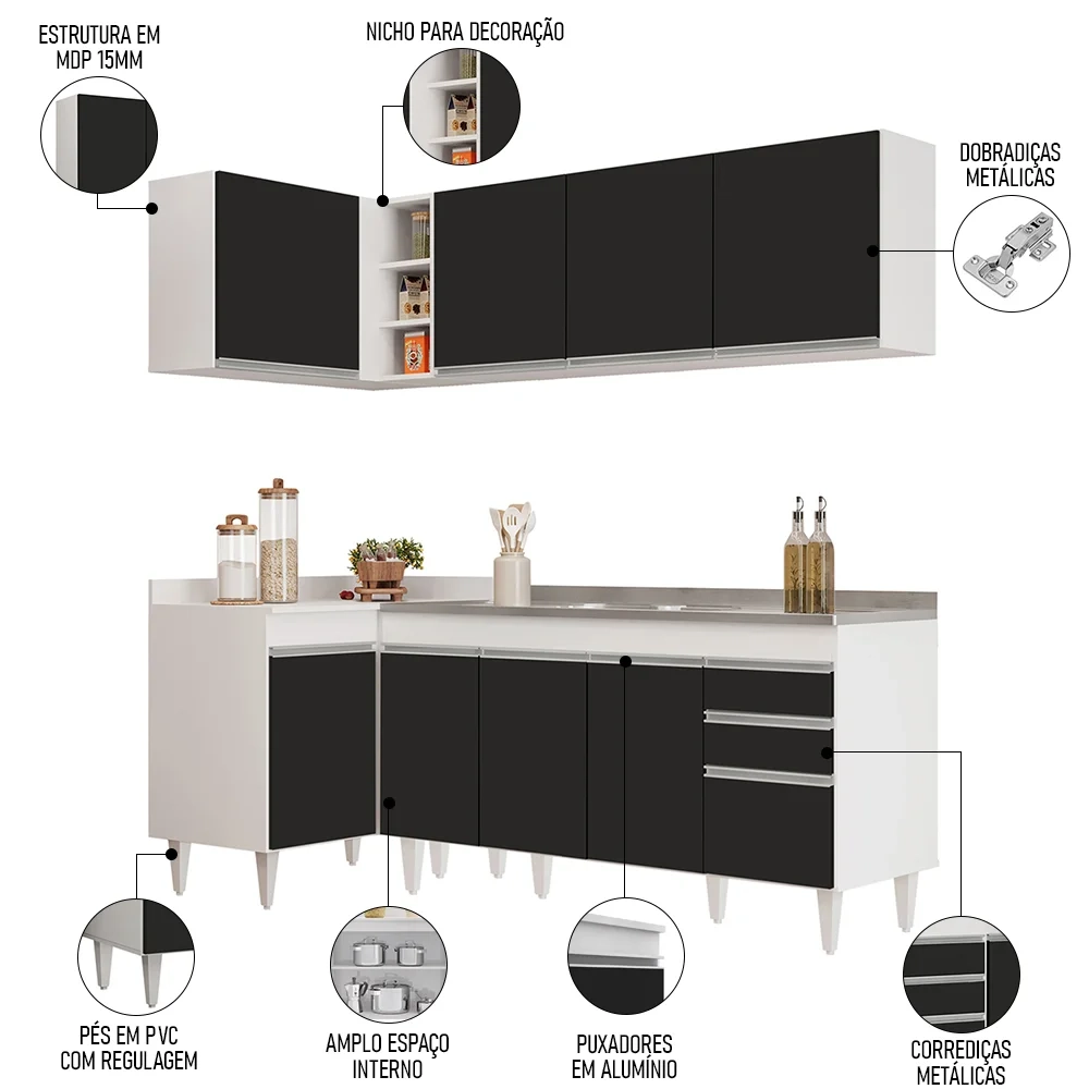 Armário de Cozinha Modulado de Canto Direito 4 Peças CP42 com Pia Inox Branco/Preto - Lumil
