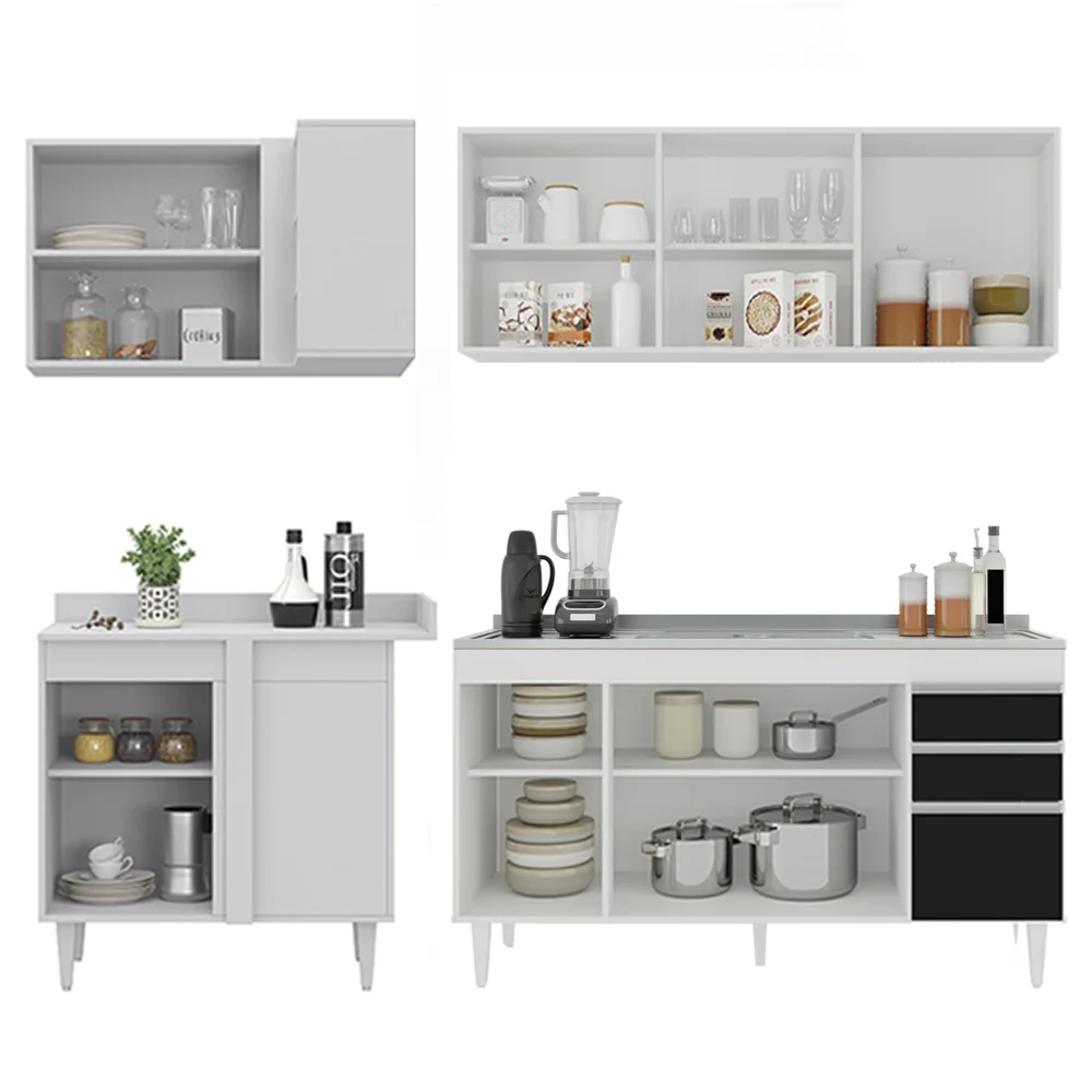 Armário de Cozinha Modulado de Canto Direito 4 Peças CP42 com Pia Inox Branco/Preto - Lumil