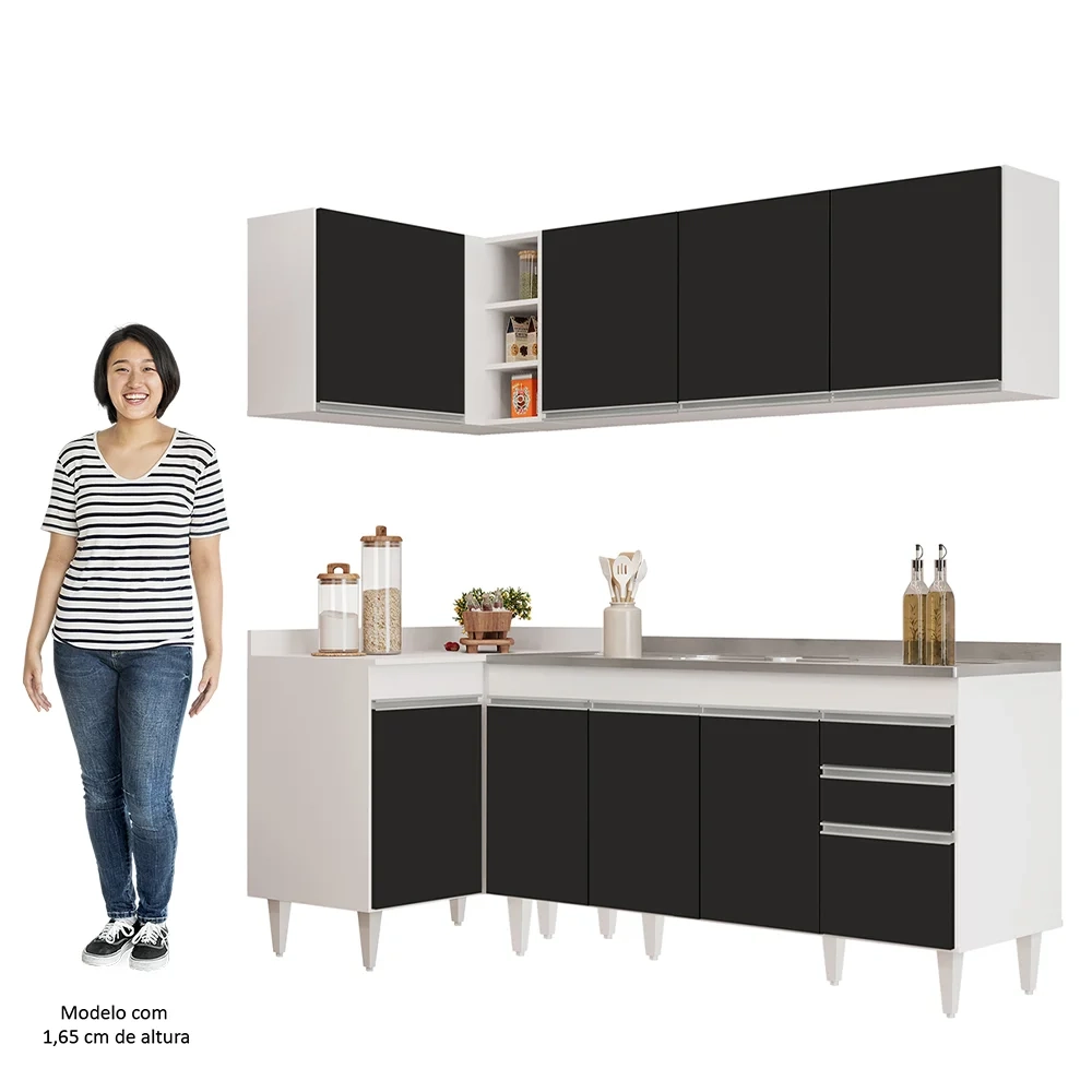 Armário de Cozinha Modulado de Canto Direito 4 Peças CP42 com Pia Inox Branco/Preto - Lumil