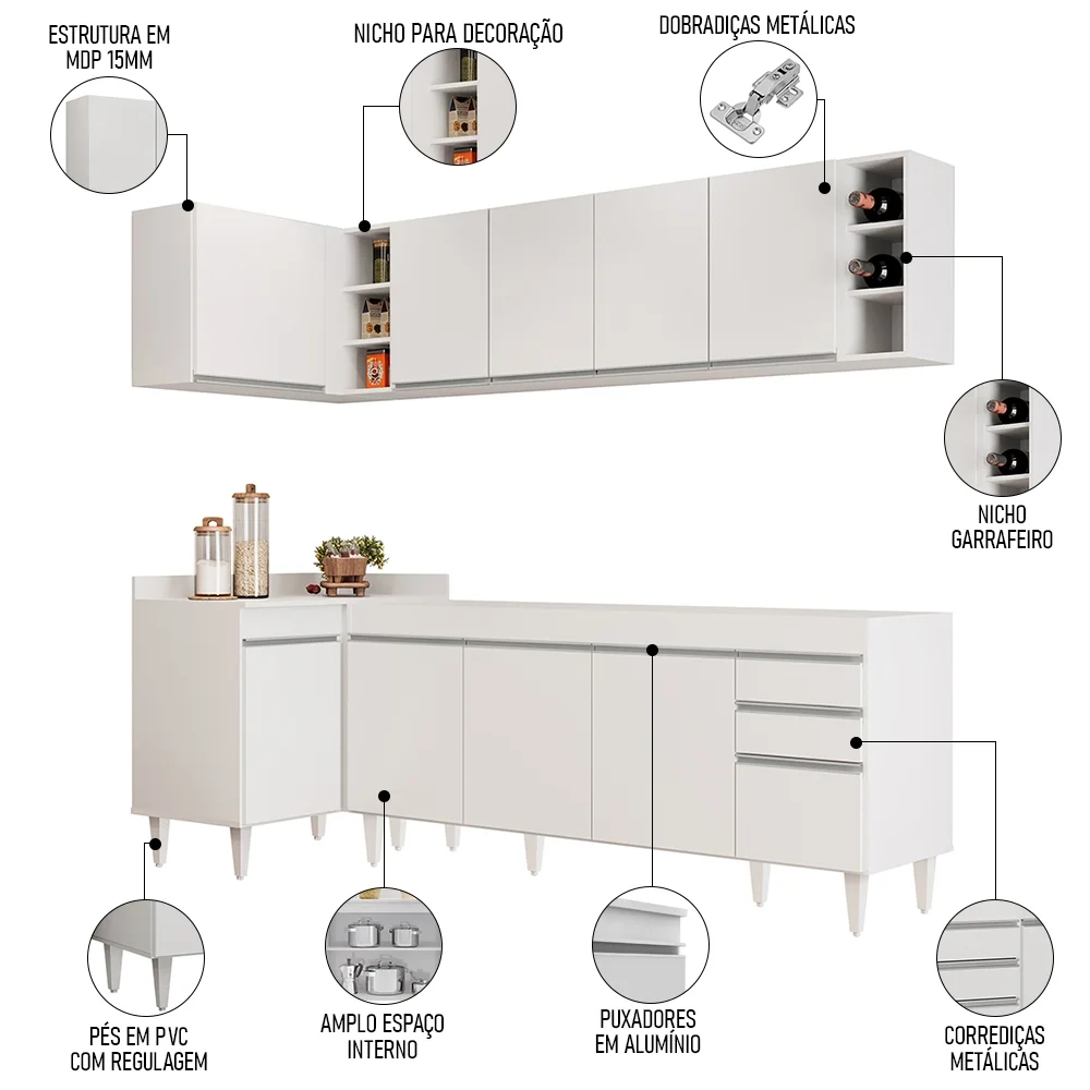 Armário de Cozinha Modulado de Canto Direito 5 Peças CP43 Balcão sem Tampo Branco - Lumil