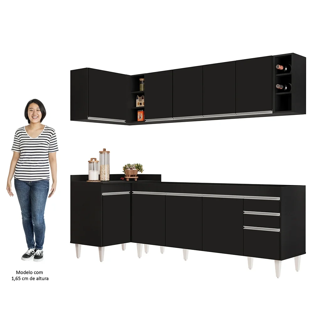 Armário de Cozinha Modulado de Canto Direito 5 Peças CP43 Balcão sem Tampo Preto - Lumil