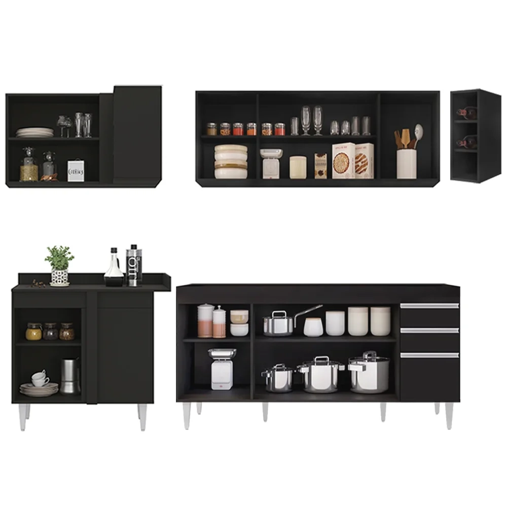 Armário de Cozinha Modulado de Canto Direito 5 Peças CP43 Balcão sem Tampo Preto - Lumil