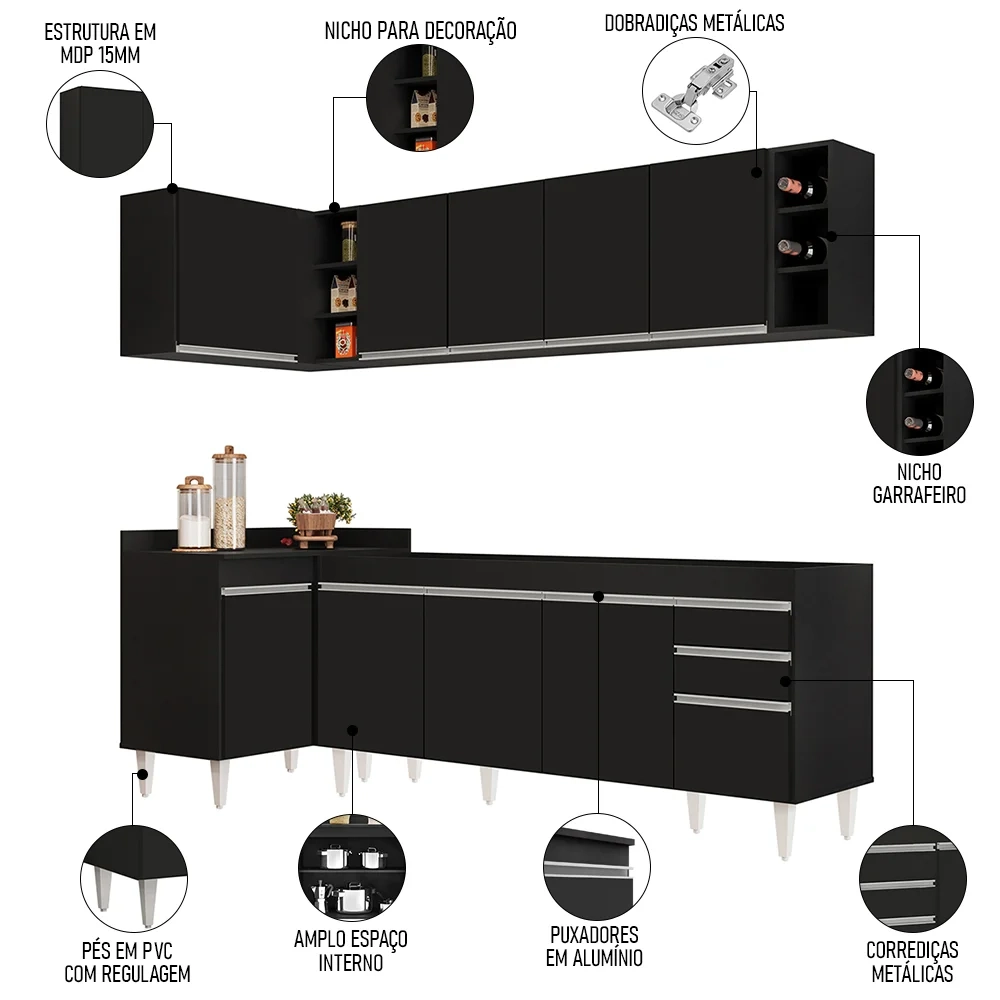 Armário de Cozinha Modulado de Canto Direito 5 Peças CP43 Balcão sem Tampo Preto - Lumil