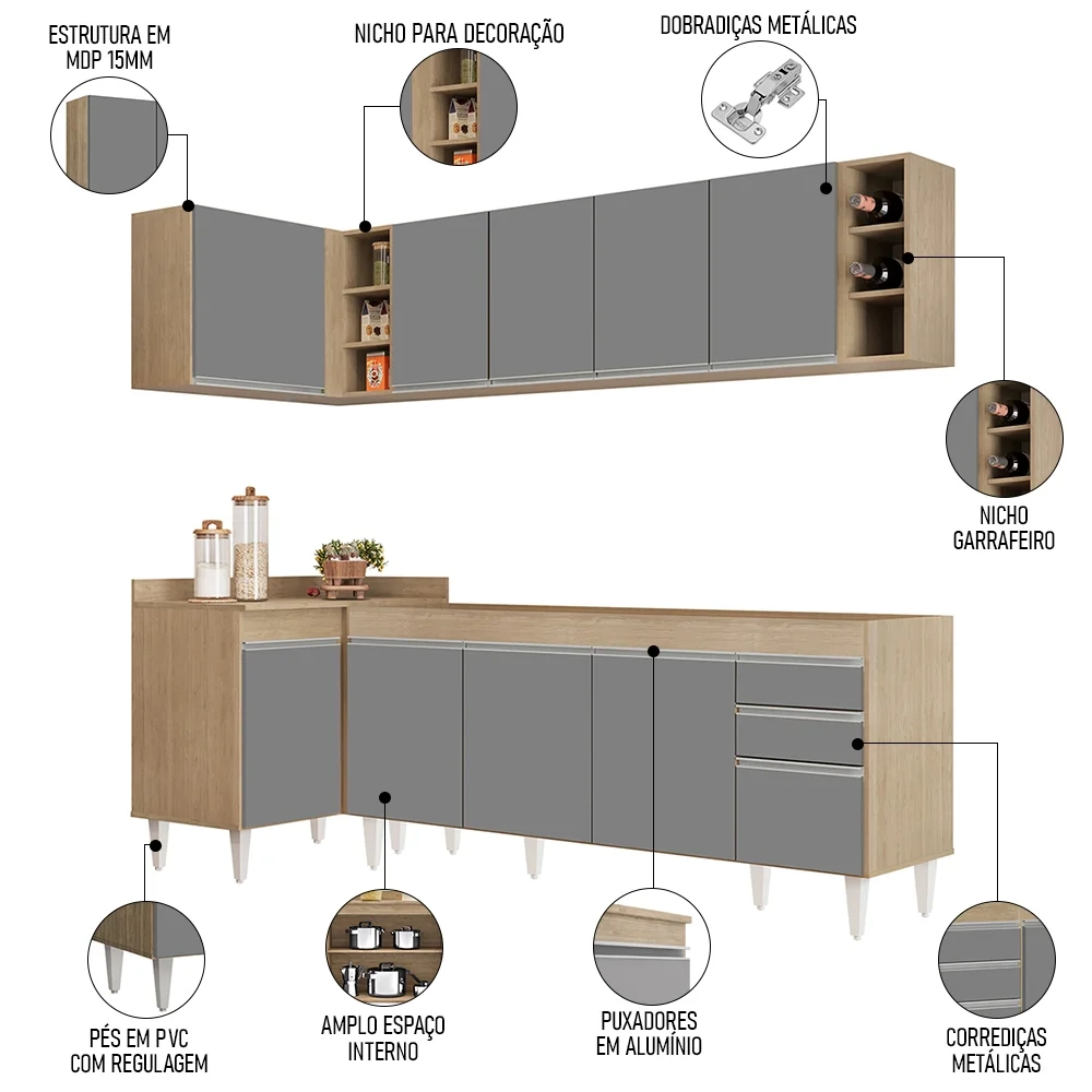 Armário de Cozinha Modulado de Canto Direito 5 Peças CP43 Balcão sem Tampo Castanho/Cinza - Lumil