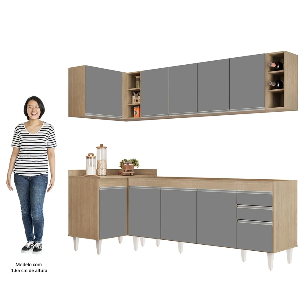 Armário de Cozinha Modulado de Canto Direito 5 Peças CP43 Balcão sem Tampo Castanho/Cinza - Lumil