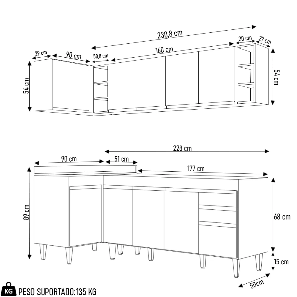 Armário de Cozinha Modulado de Canto Direito 5 Peças CP43 Balcão sem Tampo Castanho/Cinza - Lumil