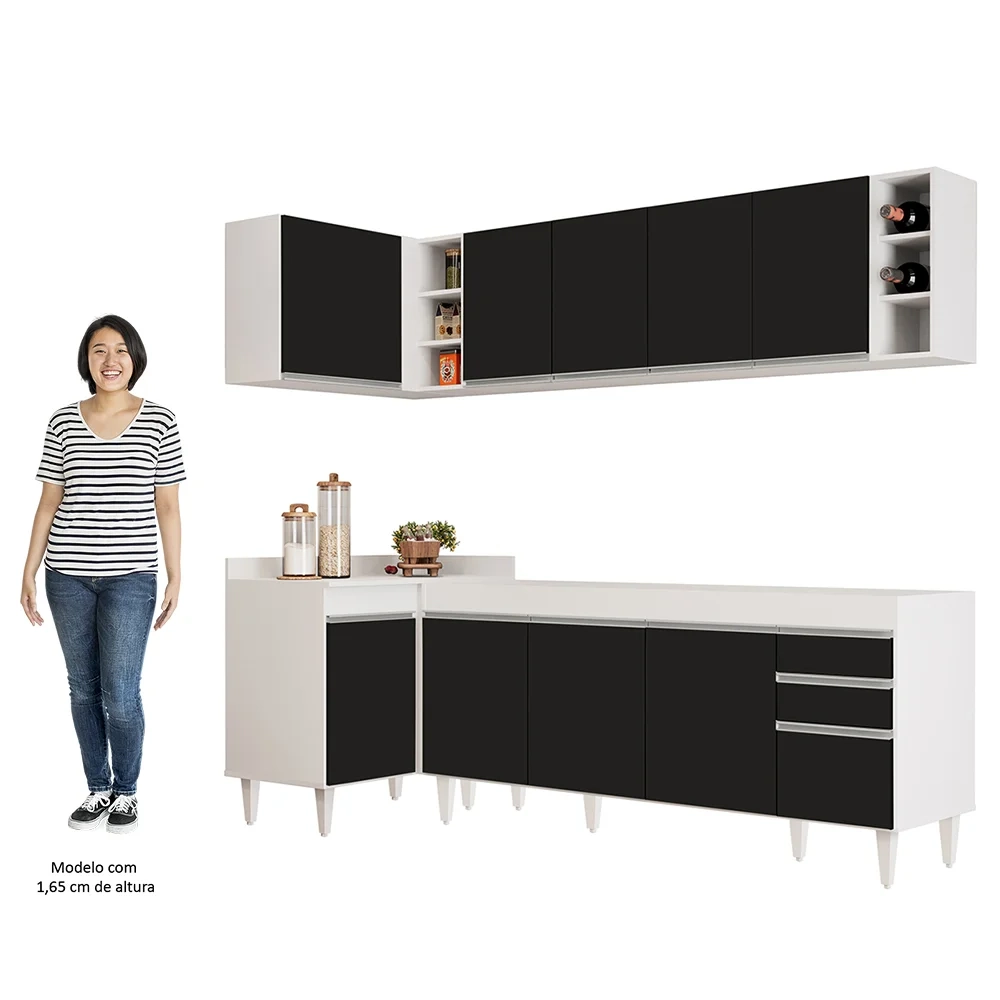 Armário de Cozinha Modulado de Canto Direito 5 Peças CP43 Balcão sem Tampo Branco/Preto - Lumil