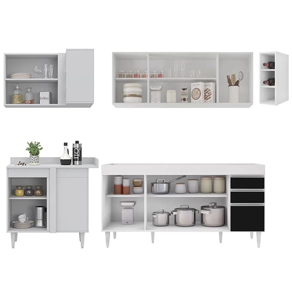 Armário de Cozinha Modulado de Canto Direito 5 Peças CP43 Balcão sem Tampo Branco/Preto - Lumil
