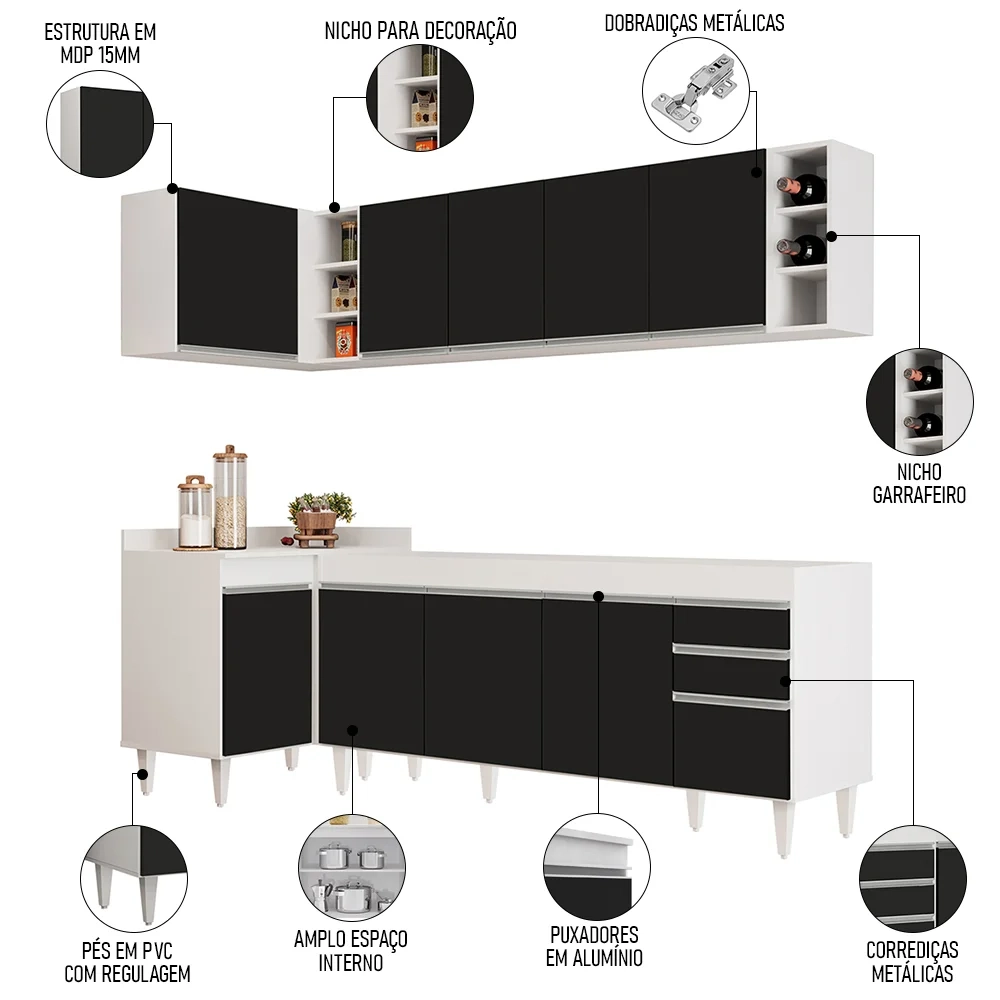 Armário de Cozinha Modulado de Canto Direito 5 Peças CP43 Balcão sem Tampo Branco/Preto - Lumil