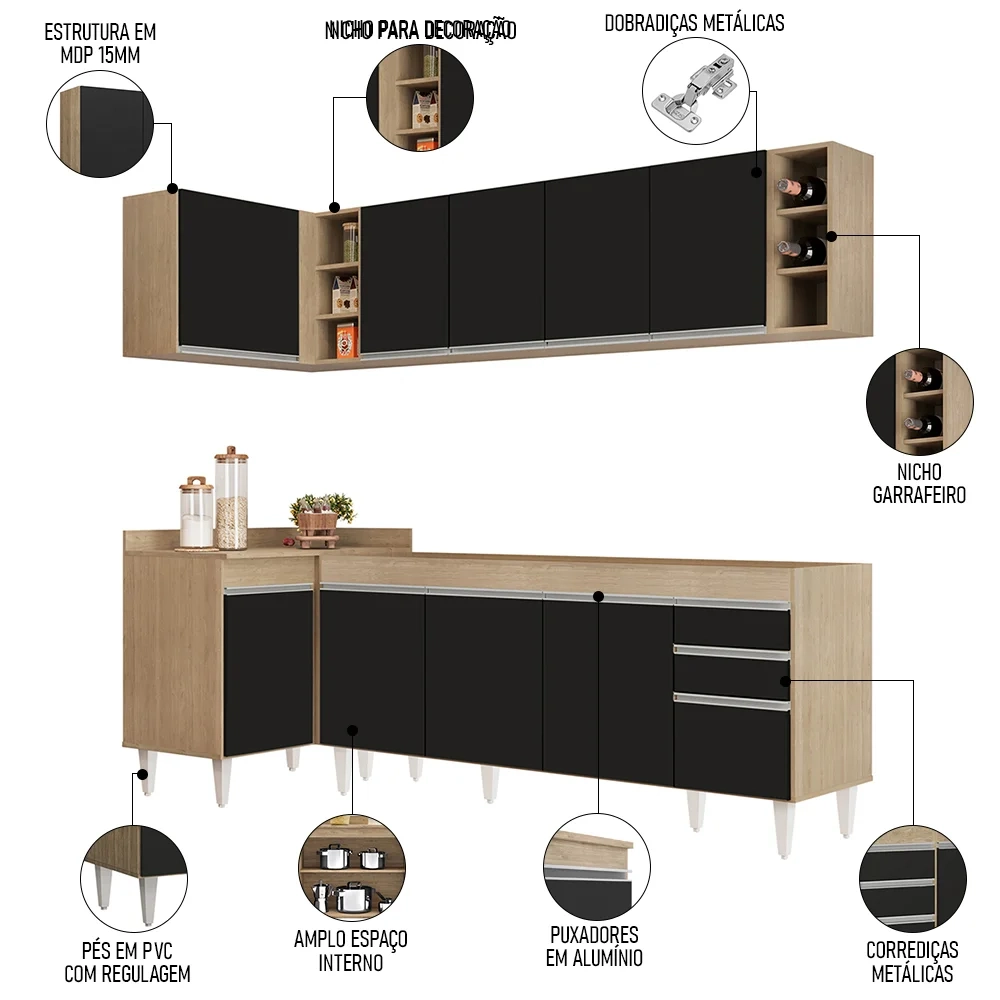 Armário de Cozinha Modulado de Canto Direito 5 Peças CP43 Balcão sem Tampo Castanho/Preto - Lumil