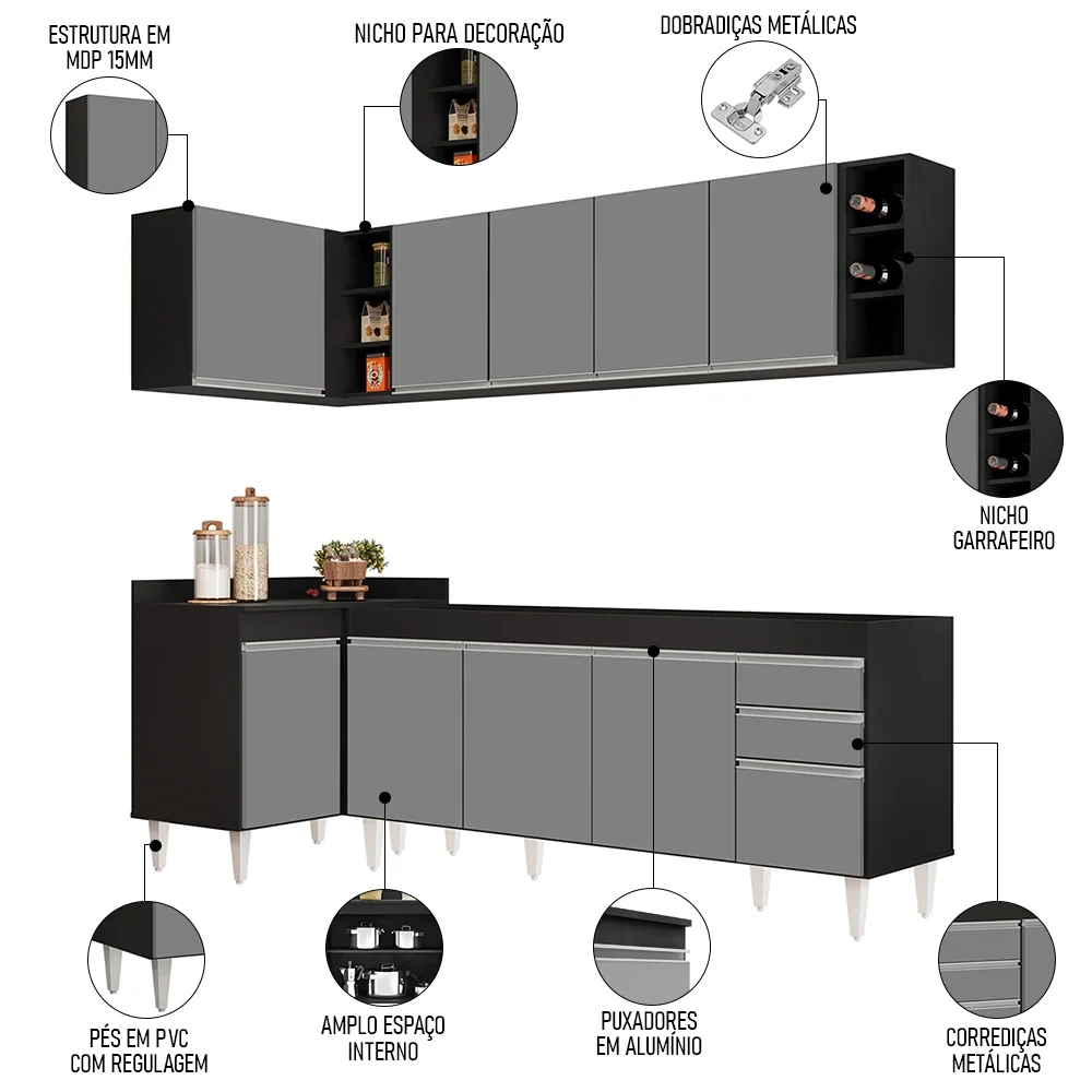 Armário de Cozinha Modulado de Canto Direito 5 Peças CP43 Balcão sem Tampo Preto/Cinza - Lumil