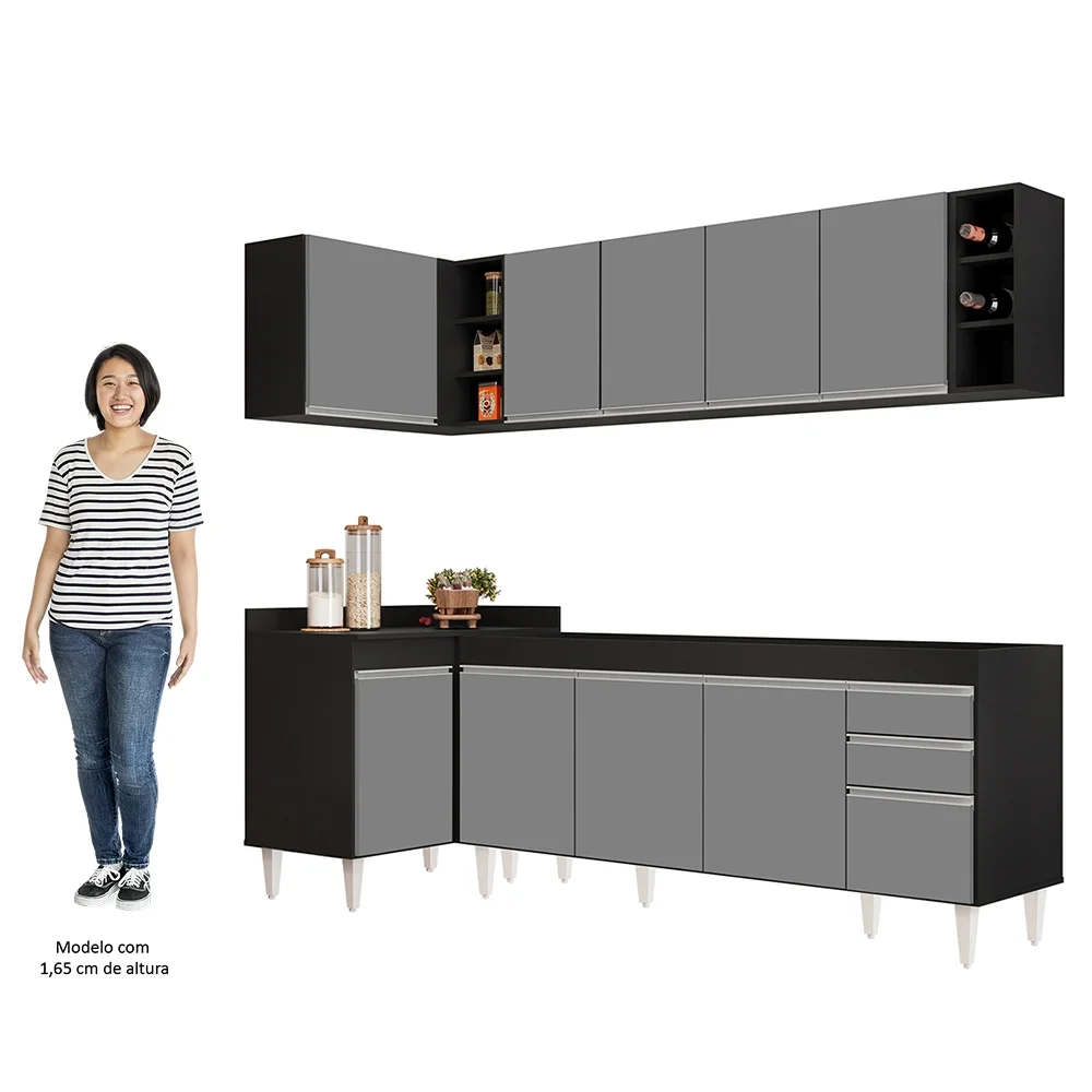 Armário de Cozinha Modulado de Canto Direito 5 Peças CP43 Balcão sem Tampo Preto/Cinza - Lumil