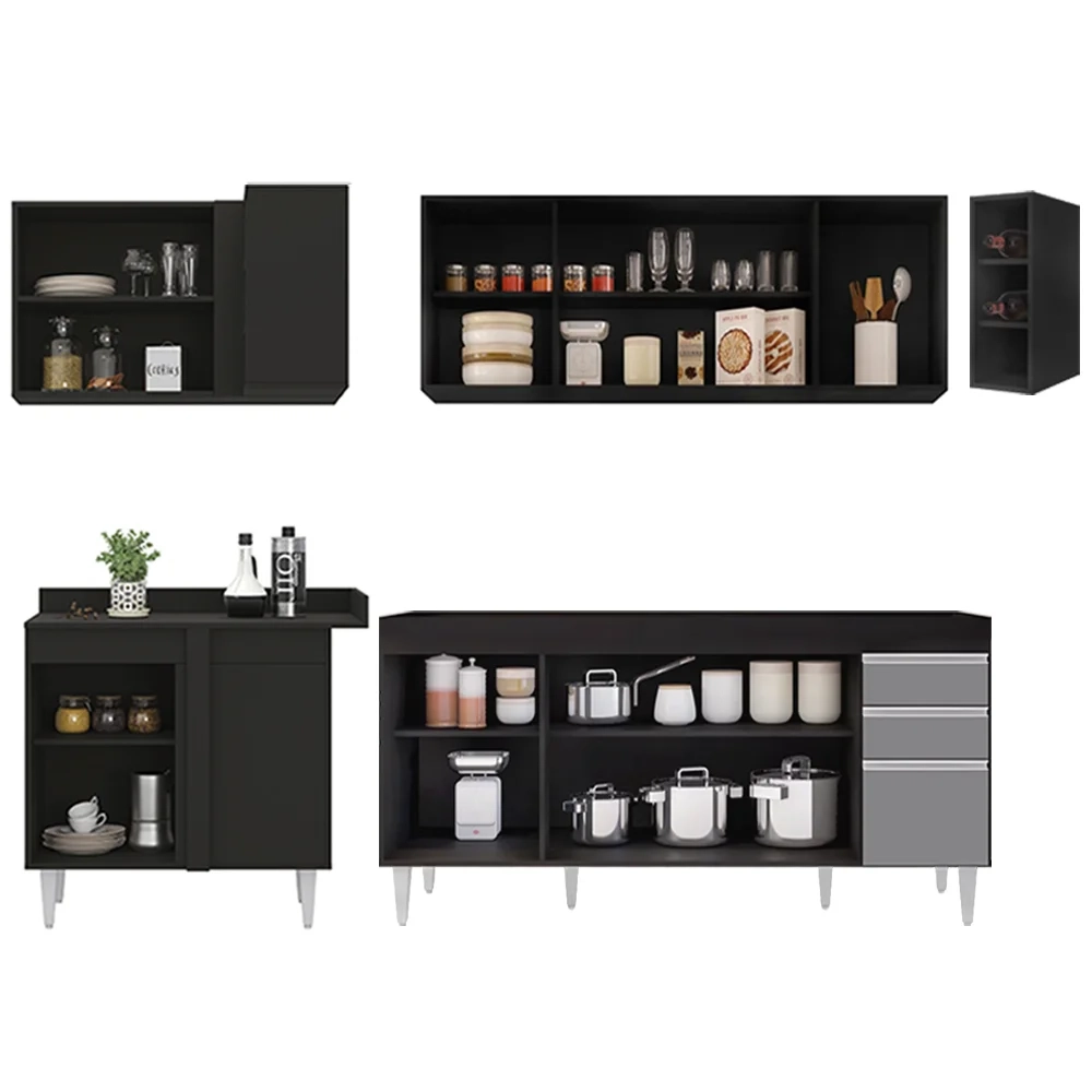 Armário de Cozinha Modulado de Canto Direito 5 Peças CP43 Balcão sem Tampo Preto/Cinza - Lumil