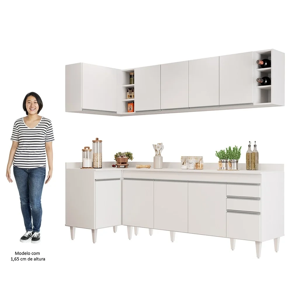 Armário de Cozinha Modulado de Canto Direito 5 Peças CP44 Balcão com Tampo Branco - Lumil