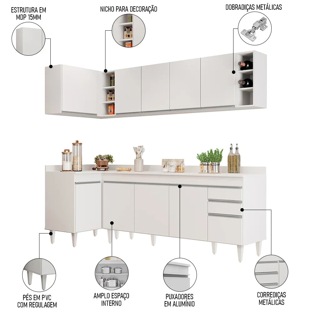 Armário de Cozinha Modulado de Canto Direito 5 Peças CP44 Balcão com Tampo Branco - Lumil