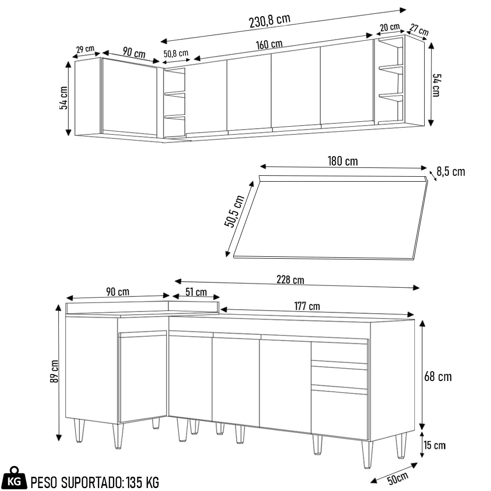 Armário de Cozinha Modulado de Canto Direito 5 Peças CP44 Balcão com Tampo Branco - Lumil