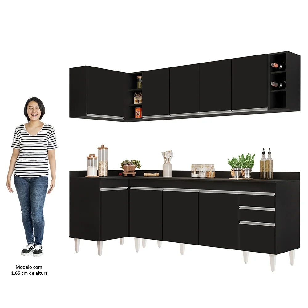 Armário de Cozinha Modulado de Canto Direito 5 Peças CP44 Balcão com Tampo Preto - Lumil