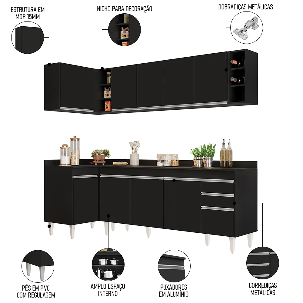 Armário de Cozinha Modulado de Canto Direito 5 Peças CP44 Balcão com Tampo Preto - Lumil