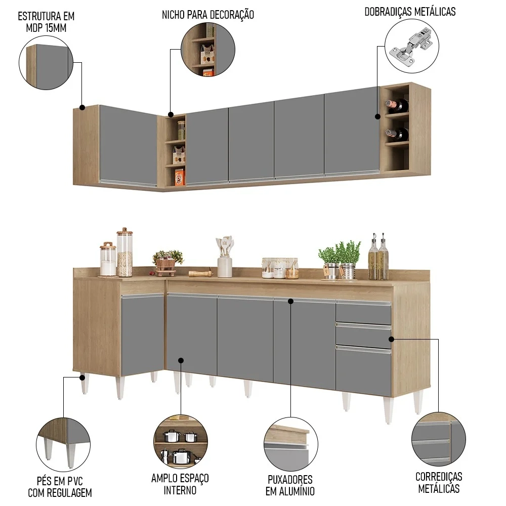 Armário de Cozinha Modulado de Canto Direito 5 Peças CP44 Balcão com Tampo Castanho/Cinza - Lumil