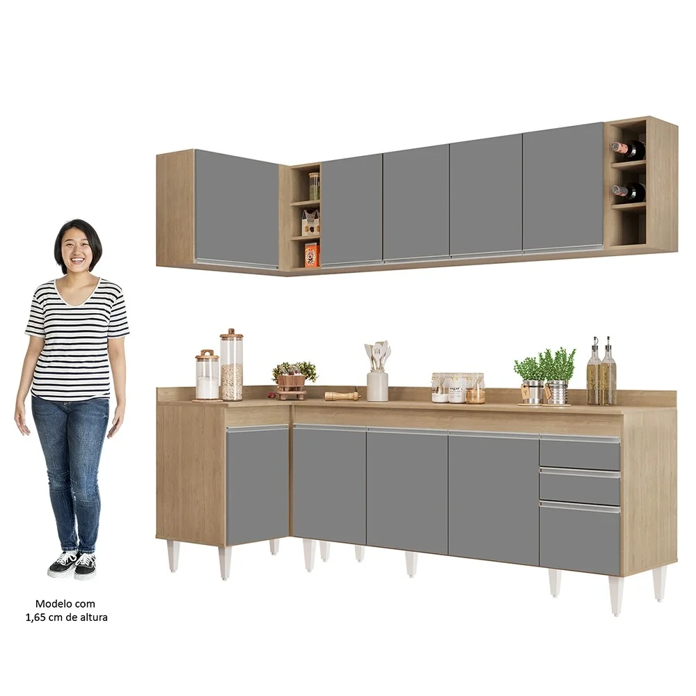Armário de Cozinha Modulado de Canto Direito 5 Peças CP44 Balcão com Tampo Castanho/Cinza - Lumil