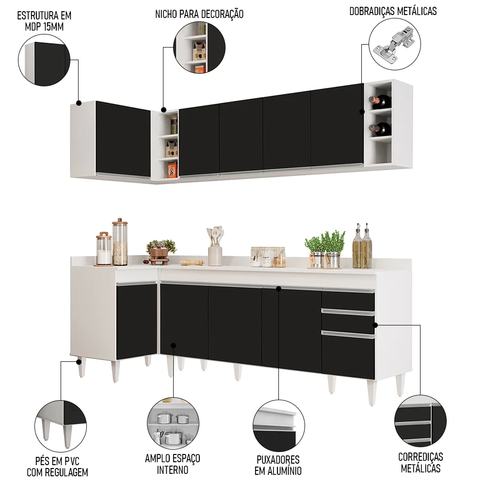Armário de Cozinha Modulado de Canto Direito 5 Peças CP44 Balcão com Tampo Branco/Preto - Lumil