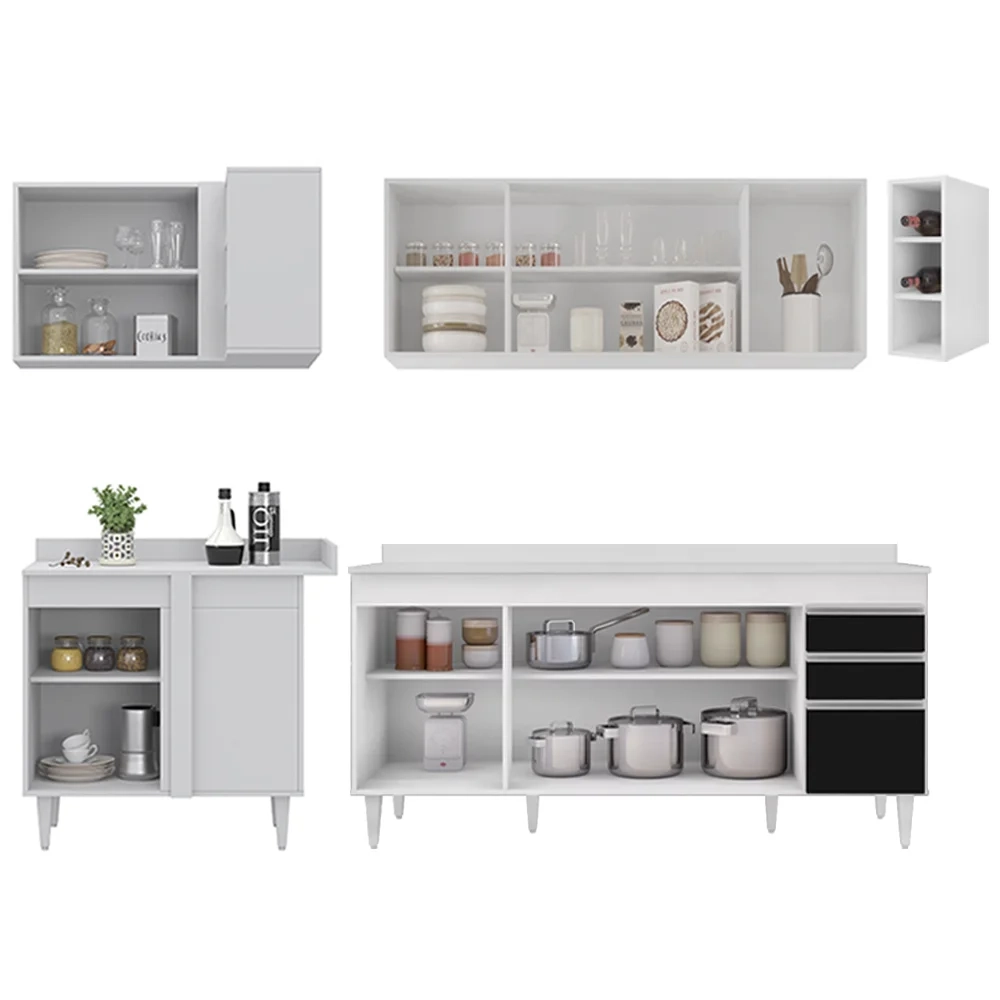 Armário de Cozinha Modulado de Canto Direito 5 Peças CP44 Balcão com Tampo Branco/Preto - Lumil