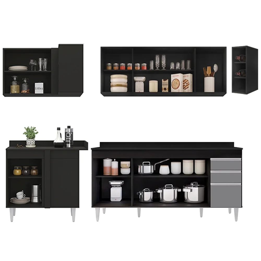 Armário de Cozinha Modulado de Canto Direito 5 Peças CP44 Balcão com Tampo Preto/Cinza - Lumil