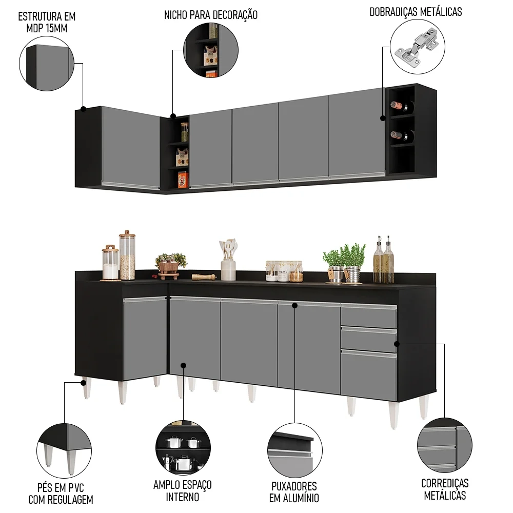 Armário de Cozinha Modulado de Canto Direito 5 Peças CP44 Balcão com Tampo Preto/Cinza - Lumil