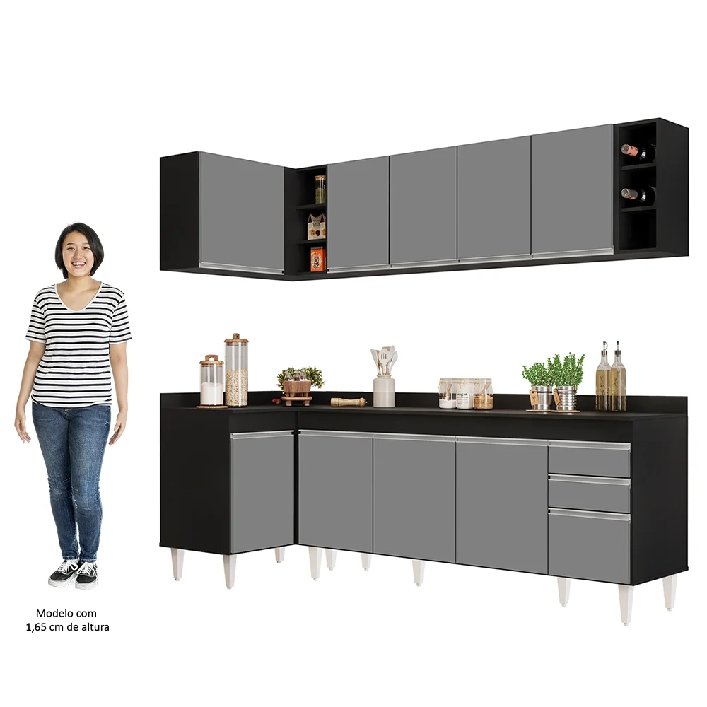 Armário de Cozinha Modulado de Canto Direito 5 Peças CP44 Balcão com Tampo Preto/Cinza - Lumil