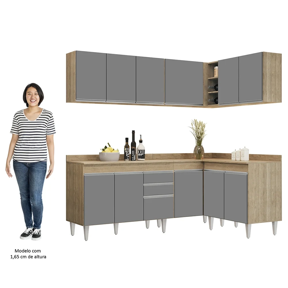 Armário de Cozinha Modulado de Canto 6 Peças CP29 Balcão com Tampo Castanho/Cinza - Lumil