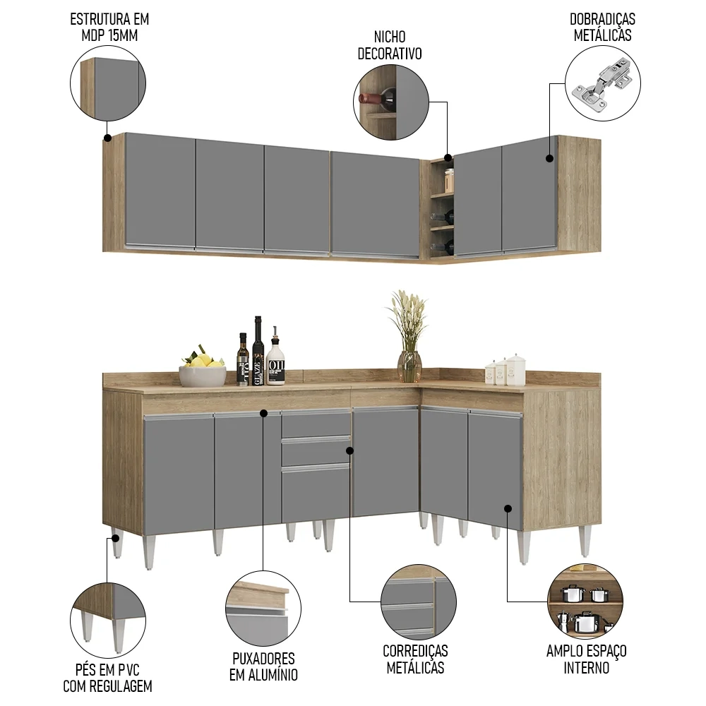 Armário de Cozinha Modulado de Canto 6 Peças CP29 Balcão com Tampo Castanho/Cinza - Lumil
