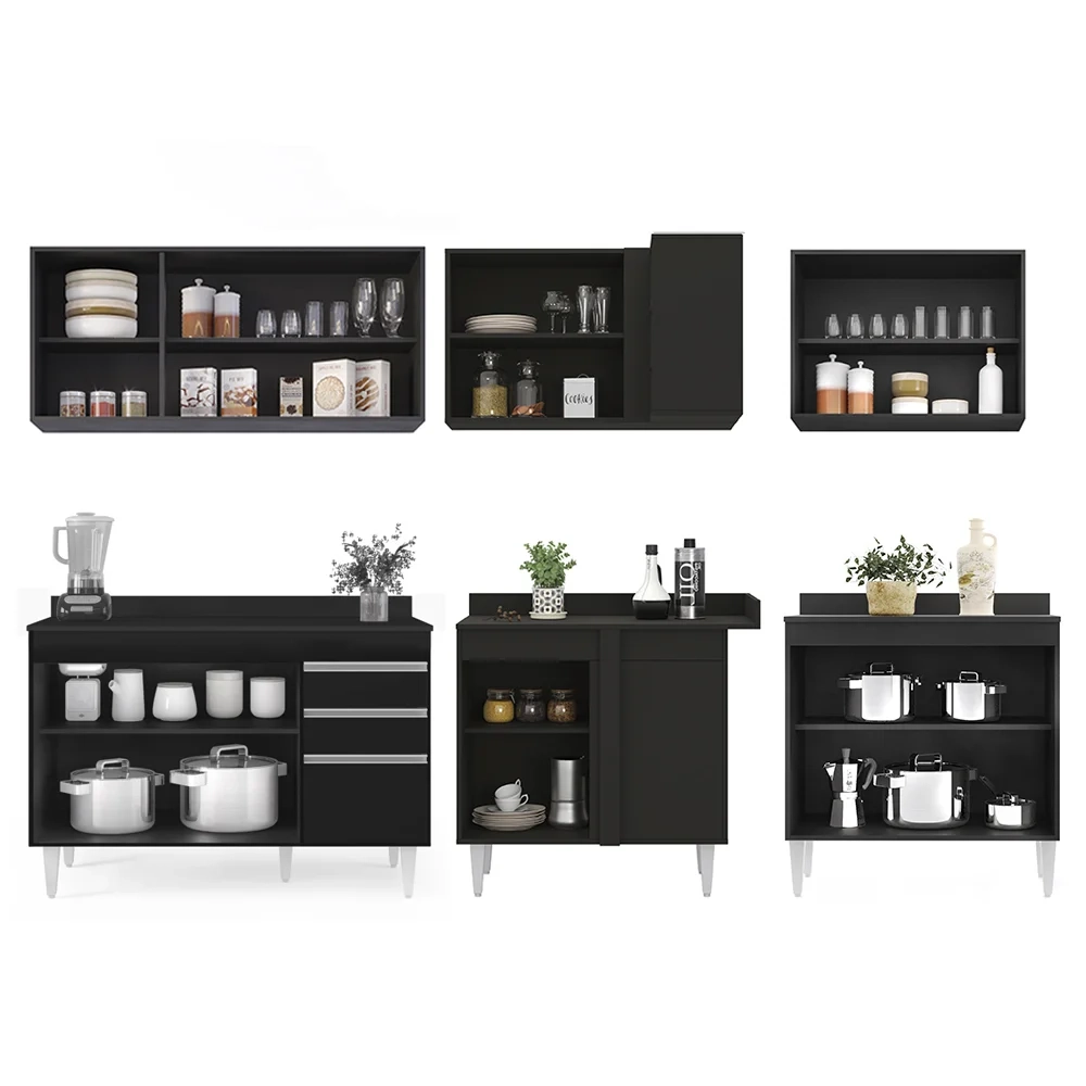 Armário de Cozinha Modulado de Canto 6 Peças CP29 Balcão com Tampo Preto - Lumil