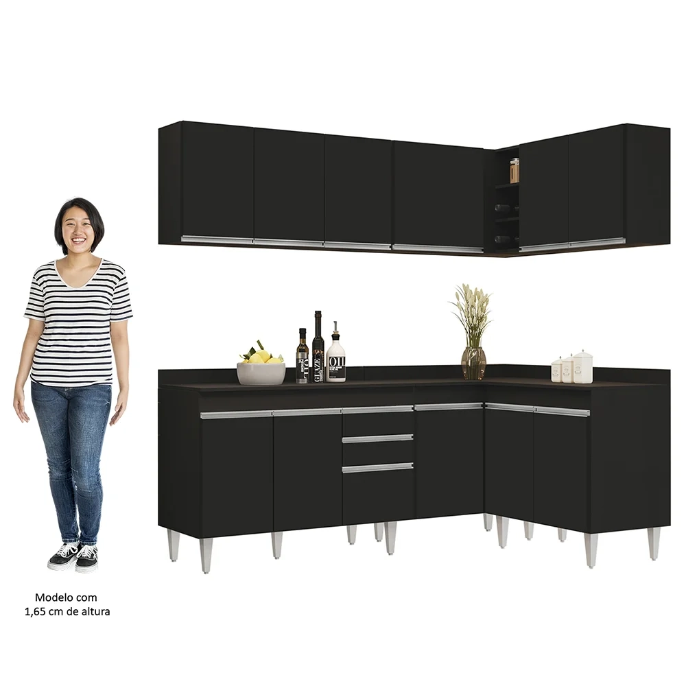 Armário de Cozinha Modulado de Canto 6 Peças CP29 Balcão com Tampo Preto - Lumil
