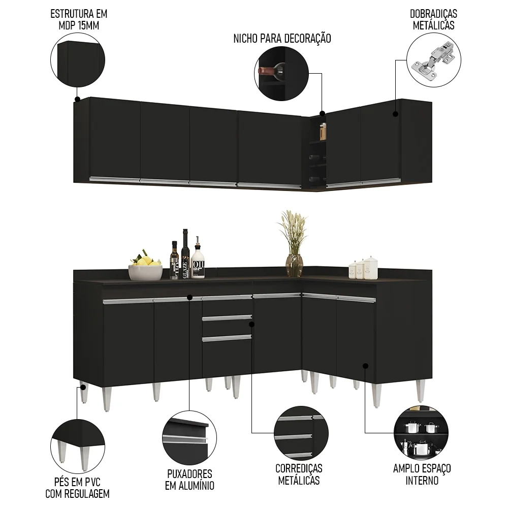 Armário de Cozinha Modulado de Canto 6 Peças CP29 Balcão com Tampo Preto - Lumil