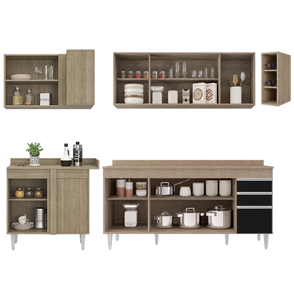 Armário de Cozinha Modulado de Canto Direito 5 Peças CP44 Balcão com Tampo Castanho/Preto - Lumil