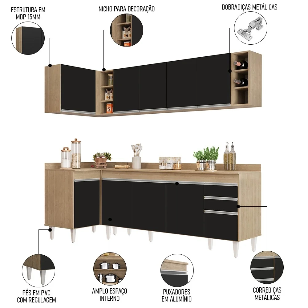 Armário de Cozinha Modulado de Canto Direito 5 Peças CP44 Balcão com Tampo Castanho/Preto - Lumil