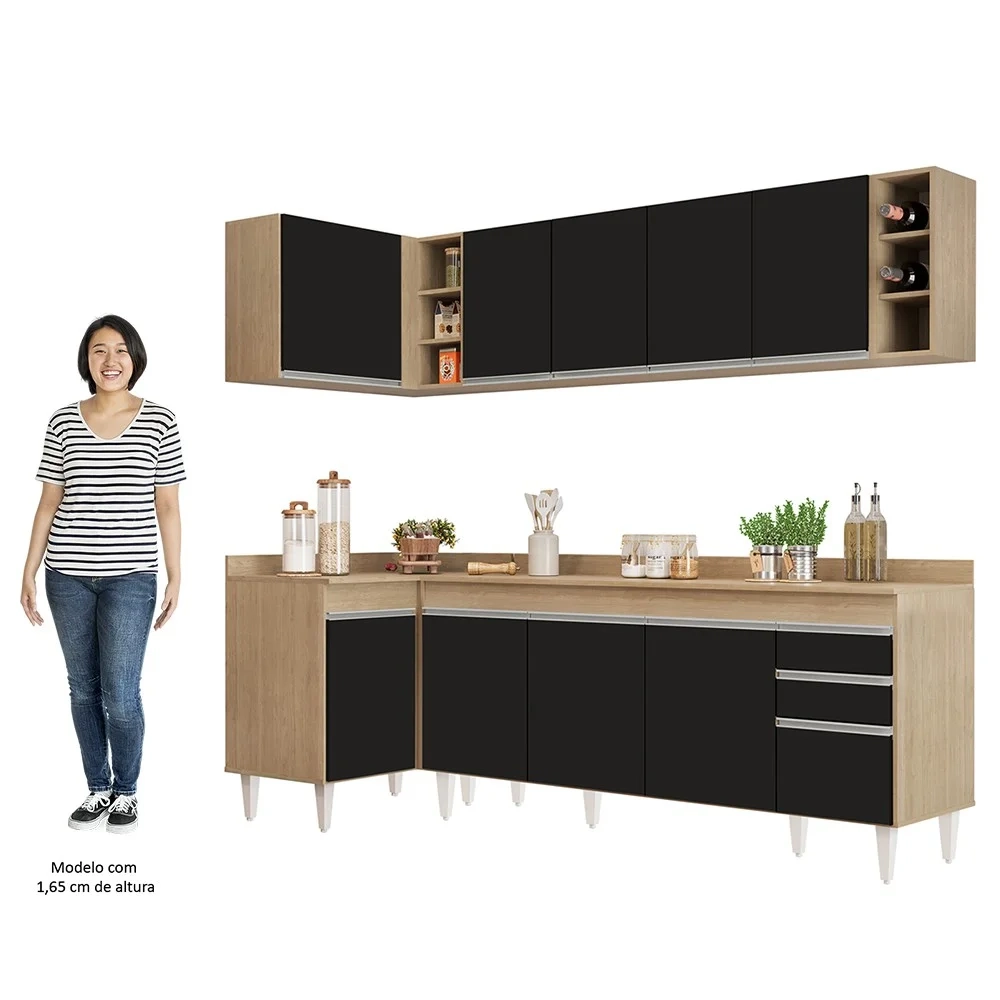 Armário de Cozinha Modulado de Canto Direito 5 Peças CP44 Balcão com Tampo Castanho/Preto - Lumil