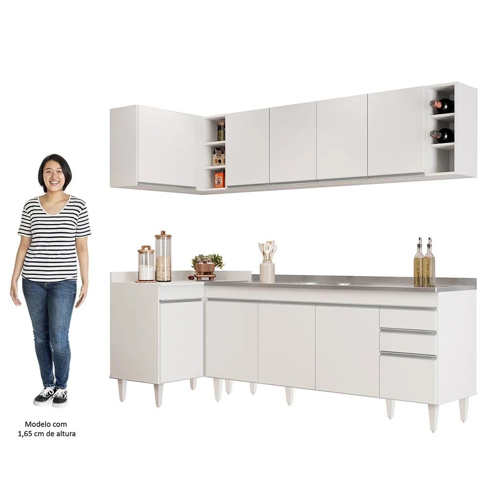 Armário de Cozinha Modulado de Canto Direito 5 Peças CP45 com Pia Inox Branco - Lumil