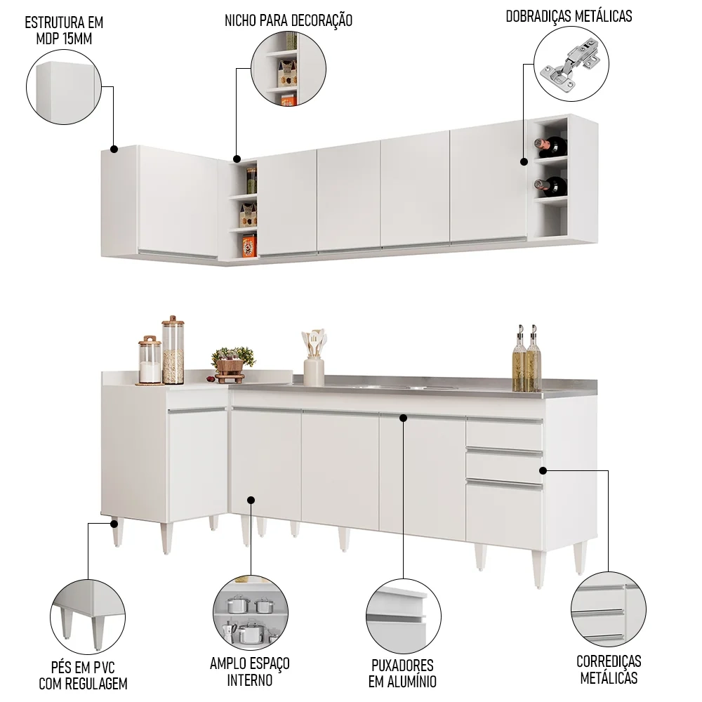 Armário de Cozinha Modulado de Canto Direito 5 Peças CP45 com Pia Inox Branco - Lumil