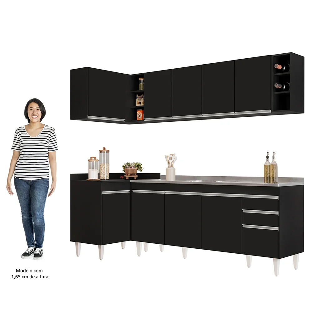 Armário de Cozinha Modulado de Canto Direito 5 Peças CP45 com Pia Inox Preto - Lumil