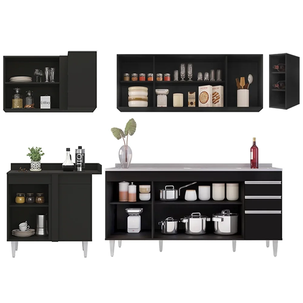 Armário de Cozinha Modulado de Canto Direito 5 Peças CP45 com Pia Inox Preto - Lumil