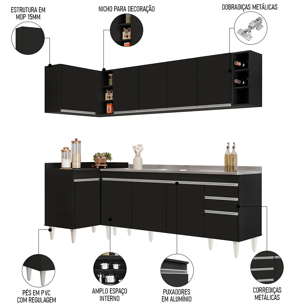 Armário de Cozinha Modulado de Canto Direito 5 Peças CP45 com Pia Inox Preto - Lumil